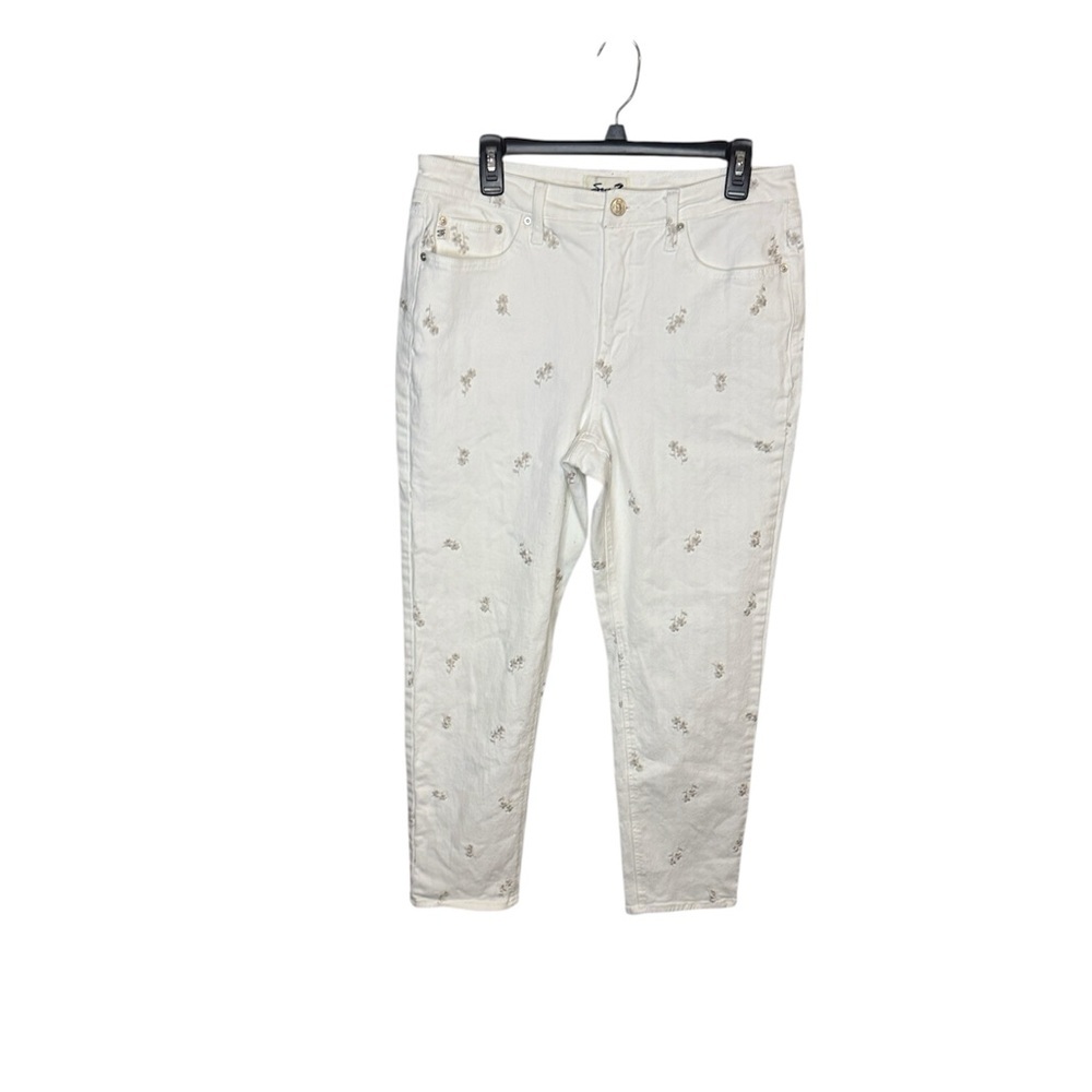Seven7 Women's White Embroidered Taupe Flowers  Straight Leg Jeans size 10
